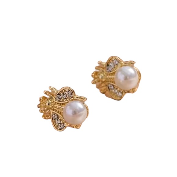 Gold Bumblebee Stud Earrings with Faux Pearl - Picture 2 of 8